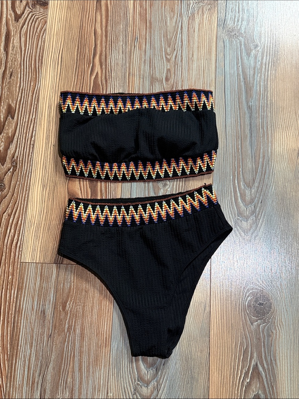 Black Two-Piece Bandeau Bikini with Colorful Zigzag Trim